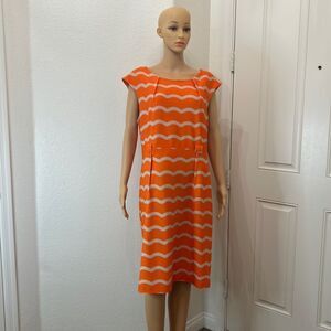 LLE New York Dress Sz 16 Scoop Neck Sleeveless Orange Beige Diagonal Stripe Midi